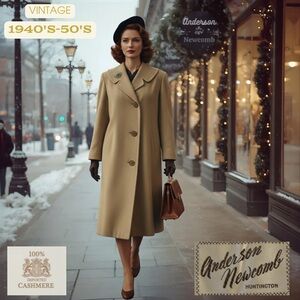 Vtg ANDERSON NEWCOMB 100% CASHMERE Oatmeal Coat L/XL FREE Brooch 40s 50s